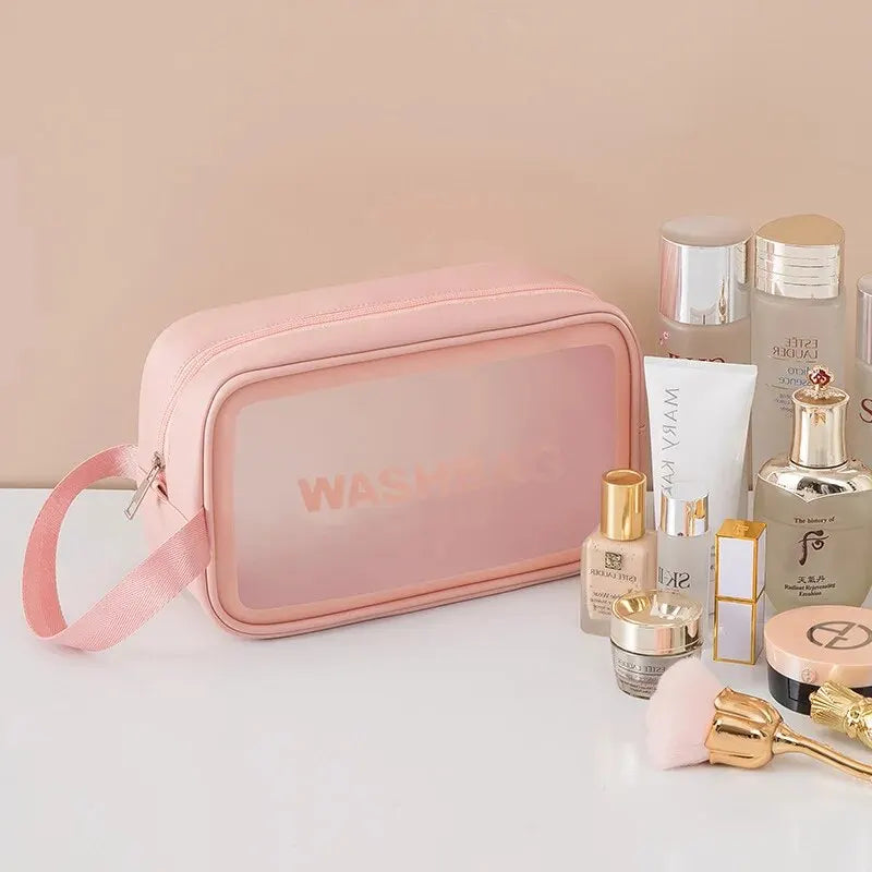 Portable Travel Wash Bag Female Transparent Waterproof Makeup Storage Pouch Large Capacity Cosmetic Organizer Pu Material